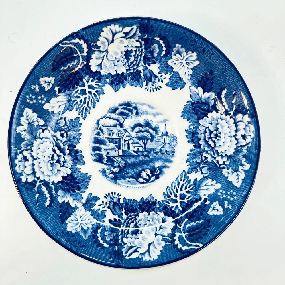 Vintage Wood & Sons English Scenery Blue White Saucers Set of 4 Transferware